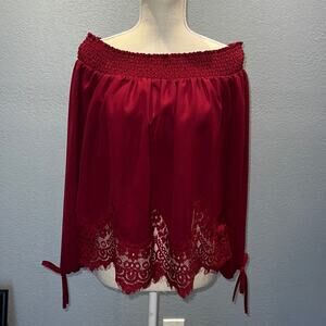Abercrombie & Fitch Burgundy Off Shoulder Lace Trim Blouse Long Sleeve - Small